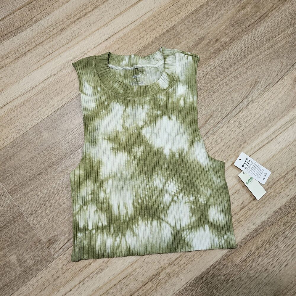 Aerie Ribbed Green Marbled High Neck Tank Top Small Rough Cut‎